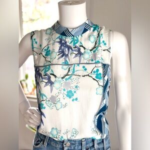 Anthropologie TINY Evelyn Mock Neck Top Blue Cherry Blossom Design S